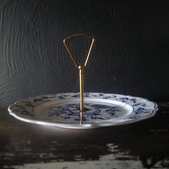 Blue Danube Porcelain Dessert Stand /Tidbit Tray Floral Pattern & Brass Handle - Picture 3 of 6